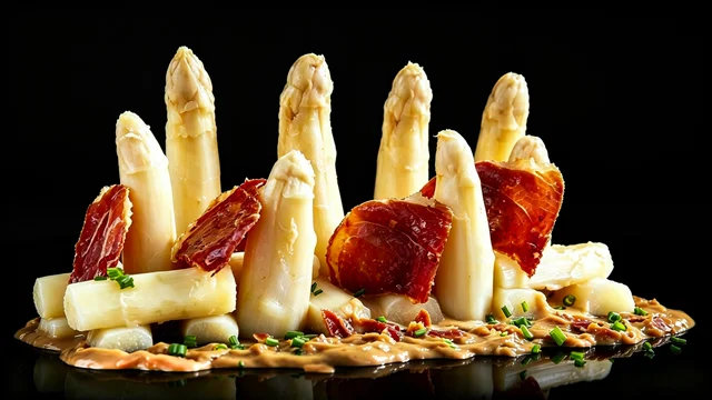 Espárragos en Salsa de Avellanas y Jamón